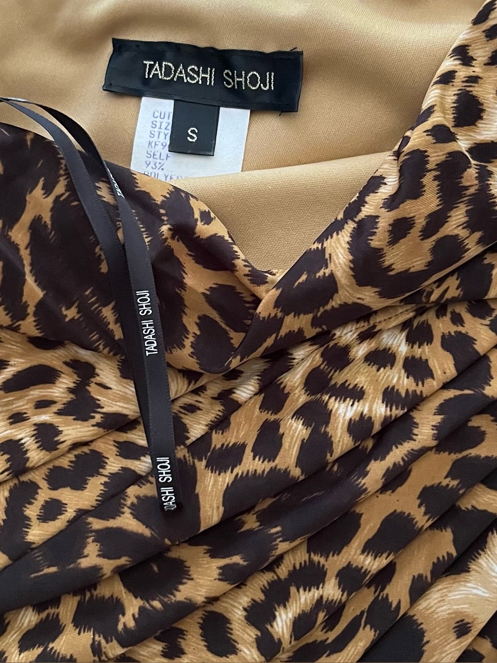 Tadashi Shoji One Shoulder Leopard Print Ruched Black Brown Midi Dress Sz Small - Picture 6 of 8